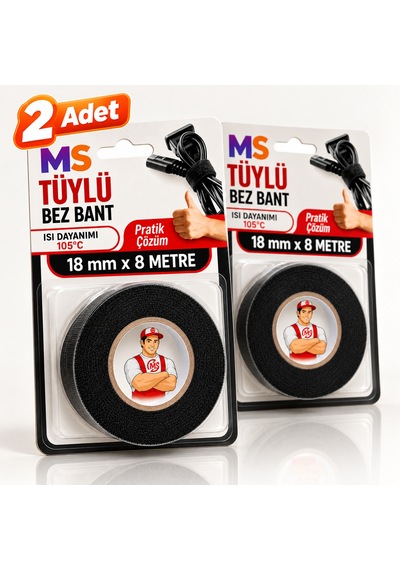 2 Adet Yanmaz Tüylü Bez Bantı Kumaş 18 Mm X 8 Metre Kablo Sarma İzolasyon Bandı Isı Dayanımı 105 C