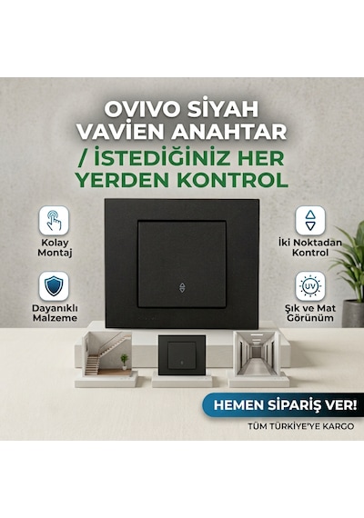 Ovivo Grano Siyah Vavien Anahtar Çerçeve + Mekanizma Tam Set - İki Noktadan Kontrol