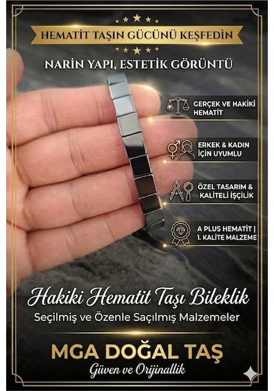 Hematit Bileklik - İnce Model - Adın Bileklik - Erkek Bileklik - Doğal Taş Bileklik Gri Gri