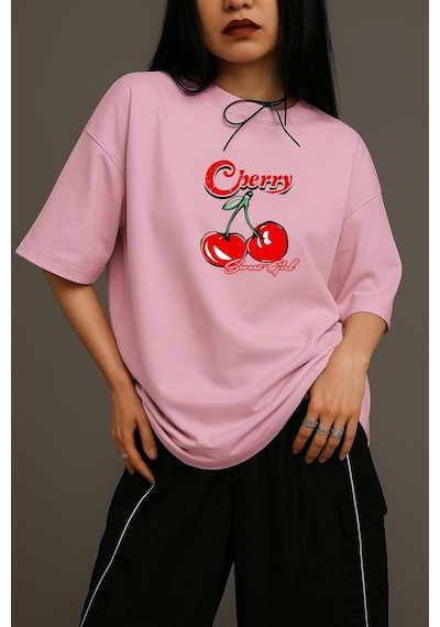 Cherry Sweat Gil Oversize Tişört Pembe
