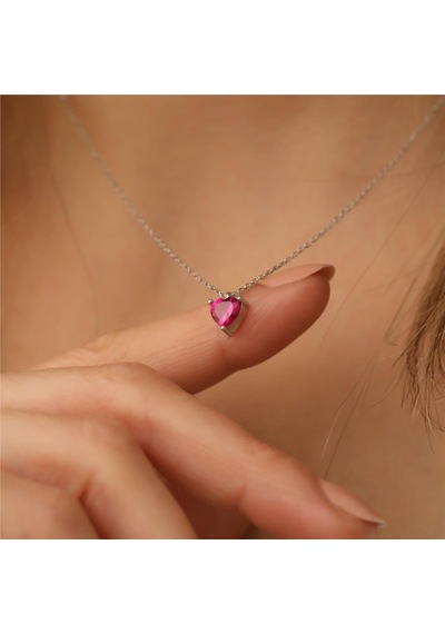 925 Ayar Gümüş Pembe Zirkon Taşlı Kalp Kolye