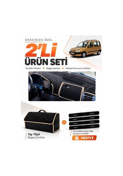 Cıtroen Berlingo M49 1996-2001 Uyumlu Torpido Örtüsü + Tay Tüyü Bagaj Çantası Seti - Siyah Bej