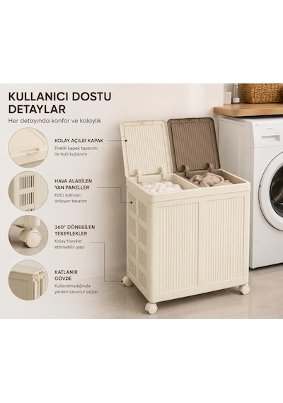 100 L İki Bölmeli Kirli Çamaşır Sepeti, Tekerlekli, Katlanabilir, Kapaklı, Hava Alabilen, Çamaşır Düzenleyici, Krem Çok Renkli 100 L İki Bölmeli Kirli Çamaşır Sepeti, Tekerlekli, Katlanabilir, Kapaklı, Hava Alabilen, Çamaşır Düzenleyici, Krem Çok Renkli