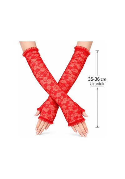 Veraura Lifestyle Uzun Zarif Dantel Eldiven Parmaksız Kırmızı 35 Cm Standart