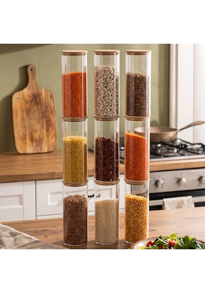 Porsima 3-3 Bambu Vakumlu Kapaklı Yuvarlak Borosilikat Cam 9lu Kavanoz Seti Saklama Kabı 1650ml 10x25cm Şeffaf