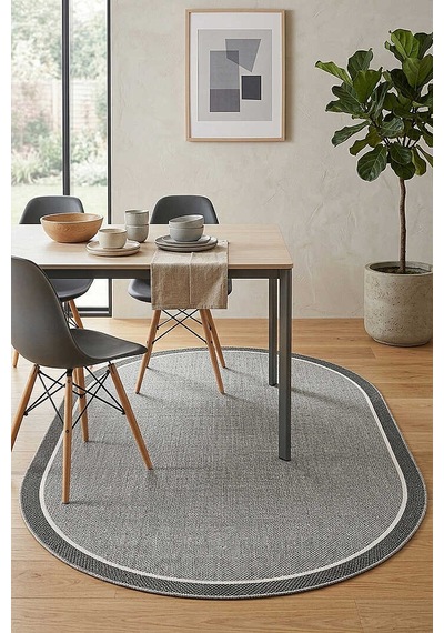 Natura Sisal Hasır Görünümlü Çift Bordürlü Oval Halı Ntr25 Gri