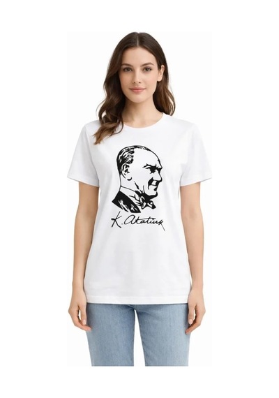 Atatürk Baskılı Tişört Kısa Kollu Bisiklet Yaka T-shirt - Beyaz