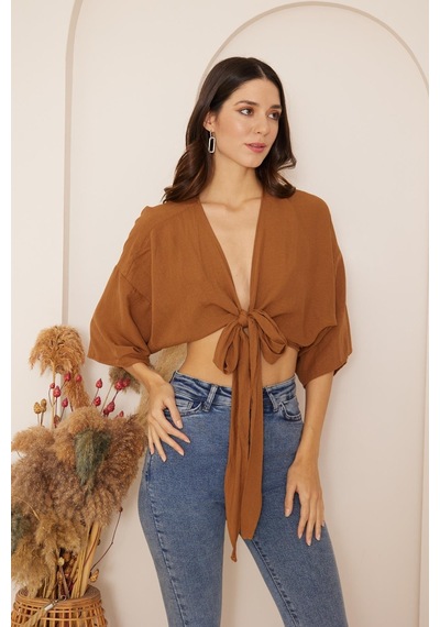 Darlin Moda Kahverengi Önden Bağlamalı Crop Kimono Dm7004 Kahverengi