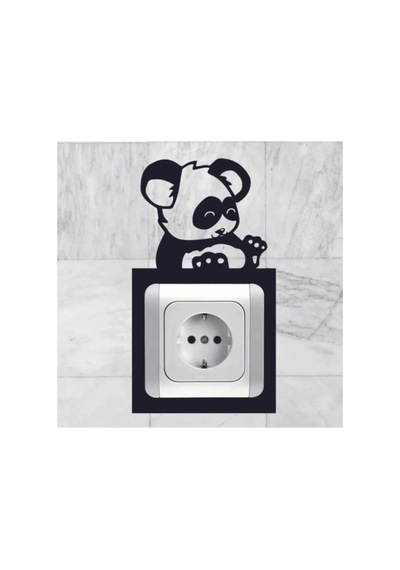 Panda Desenli Dekoratif Priz Çerçevesi Ahşap Siyah