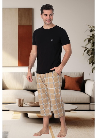 Mecit Pijama Mecit 2912 Siyah Ekoseli Erkek Büyük Beden Capri Pijama Takımı Siyah