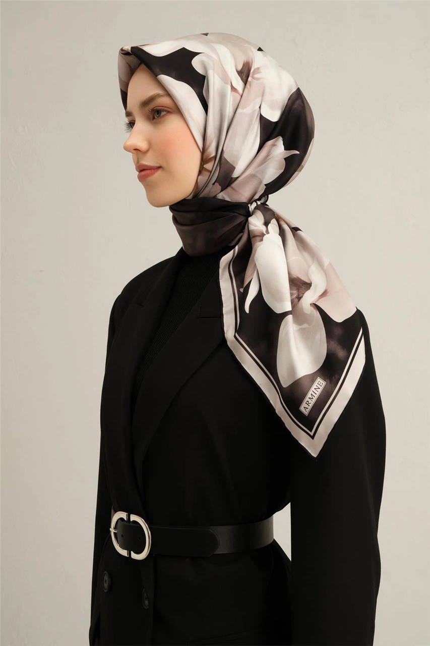 Armine Çiçek Desenli Saf İpek Twill Eşarp 9305d 85 BEj