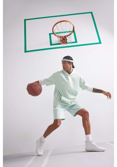 DeFactoFit NBA Golden State Warriors Oversize Geniş Kalıp Kapüşonlu Kısa Kollu Waffle Tişört D8612AX25SPGN1000