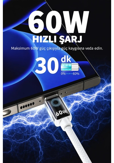 Ven-dens Vd-dc11cc 60 W Pd Type-c To Type-c Hızlı Şarj Ve Veri Kablosu, 1 Metre, Örgü, Beyaz