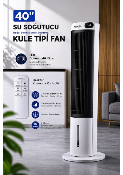 Exenar - Beyaz - Kule Tipi Soğutucu Fan Uzaktan Kumandalı Su Buharlı Soğutucu Vantilatör 70w-3l Su Tankı-led Ekranlı