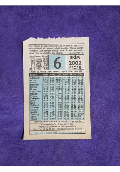 6 Ekim 2002 Takvim Yaprağı - Nostalji Koleksiyonluk Takvim Yaprağı