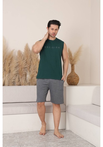 Seboteks %100 Pamuklu Kolsuz Cepli Erkek Şortlu Pijama Takımı 2011 Haki