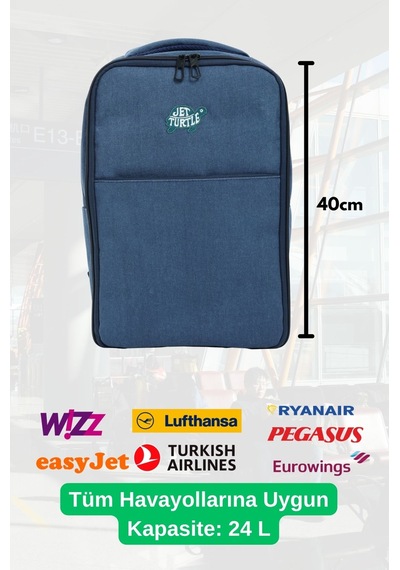 Jet Turtle Seyahat Sırt Çantası 40cm 40x25x15 Cm Pegasus, Wizz Air, Ryanair, El Valizi Koltuk Altı Valizi Mavi Kanvas