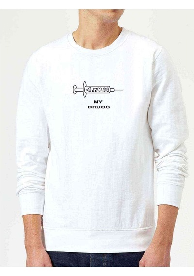 My Drugs Music Baskılı Beyaz Erkek Örme Sweatshirt