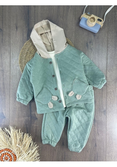 Bebicix Cep Detaylı Omuzdan Çıtçıtlı Kapitone 3'lü Erkek Bebek Takım Yesil