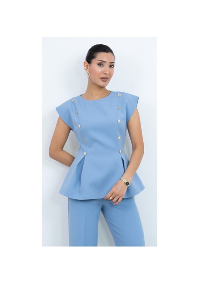 Dorne Moda Özel Koleksiyon Kruvaze Gold Düğmeli Peplum Bluz Ve Pantolon İkili Takım - Düğün - Mezuniyet - Ofis Şıklığı Mavi Mavi Dorne Moda Özel Koleksiyon Kruvaze Gold Düğmeli Peplum Bluz Ve Pantolon İkili Takım - Düğün - Mezuniyet - Ofis Şıklığı Mavi Mavi