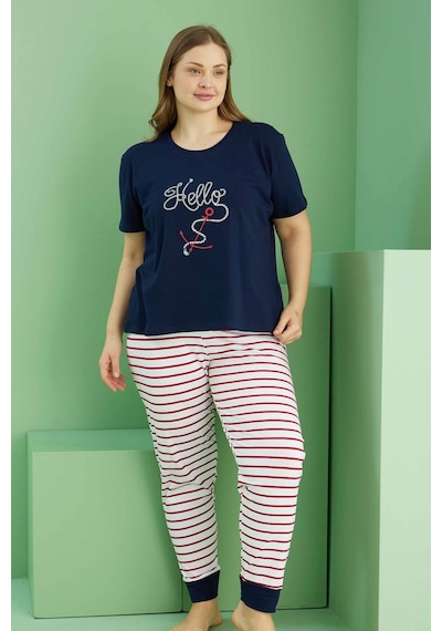 Siyah İnci Curve Büyük Beden Battal Boy Pamuklu Pijama Takım25113815 Lacivert