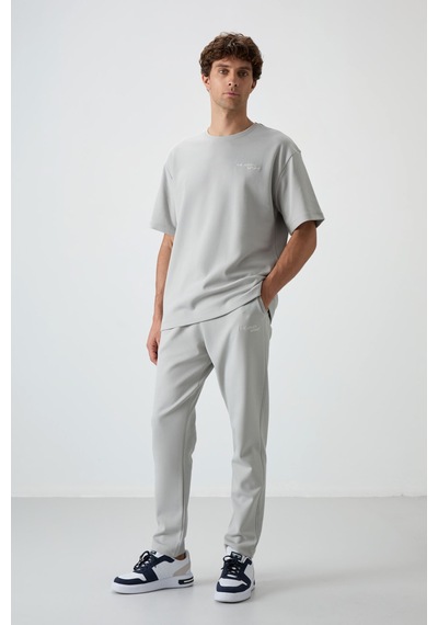 Tommy Life Taş Pamuklu Kalın Yumuşak Dokulu Oversize Fit Nakışlı Erkek Eşofman Takım - 85252 Taş Rengi Taş