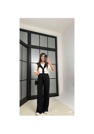 Miss Beyoğlu Kadın Şal Detaylı Basic Tshirt Beli Lastikli Pantolon İkili Eşofman Takımı Siyah