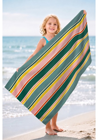 Çizgili Modern Marine Plaj Havlusu - Pastel Yeşil Pembe Sarı Resort Hızlı Kuruyan Mikrofiber Havlu Çok Renkli
