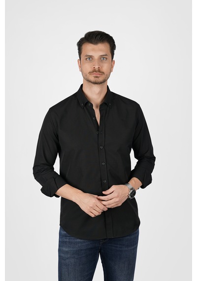 Siyah Yaka Düğmeli Premium Şamre Slimfit Erkek Gömlek Siyah Siyah Yaka Düğmeli Premium Şamre Slimfit Erkek Gömlek Siyah