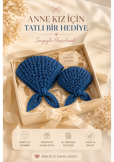 Anne Kız Kombin Bandana El Örgüsü Saç Bandı Bohem Stil Ayarlanabilir 2li Set Lacivert