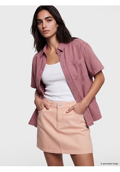 Lcw Vision Pembe Cepli Oversize Kadın Jean Gömlek