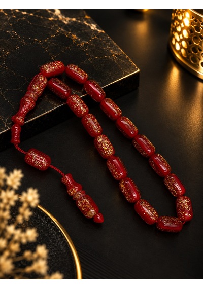 Efe Boy Altın Renkli Simli Kırmızı Ateş Kehribar Tesbih 10x16 Mm