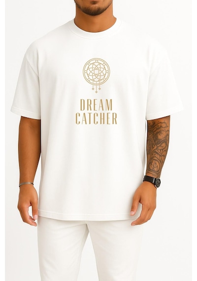 Bahriyeli Collection Oversize Dream Catcher, South Korea Dream Catcher K-pop Göğüs Tasarımlı Unisex T-shirt Beyaz