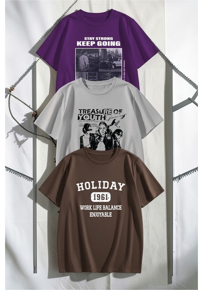 Uyguntarz Unisex Mor Gri Kahverengi 3'lü Tasarım Tshirt Seti Çok Renkli