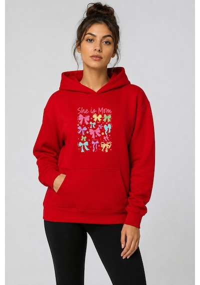 Herkesemoda Renkli Kurdeleler Baskılı Kapüşonlu 2 İplik Şardonlu Sweatshirt Kırmızı