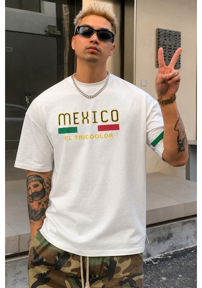 Tarz Cool Erkek Regular Baskılı Tişört Mexico Yazılı %100 Pamuk Rahat Kesim T-shirt Beyaz