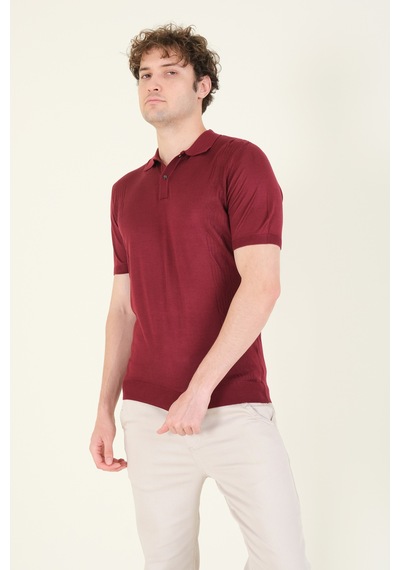 Giyim Dünyası Erkek Yanları Desenli Polo Yaka Merserize T-shirt Bordo 001