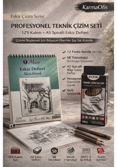 Profesyonel Teknik Çizim Seti 12 Li Kalem 5h-5b + A5 Spiralli Eskiz Defteri 90gr