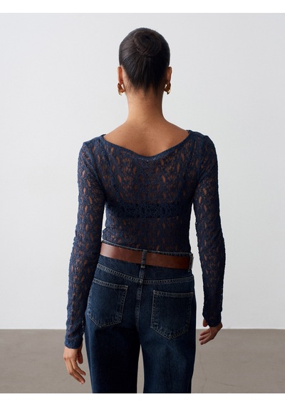Dilvin 32763 Kayık Yaka Dantel Top-indigo İndigo