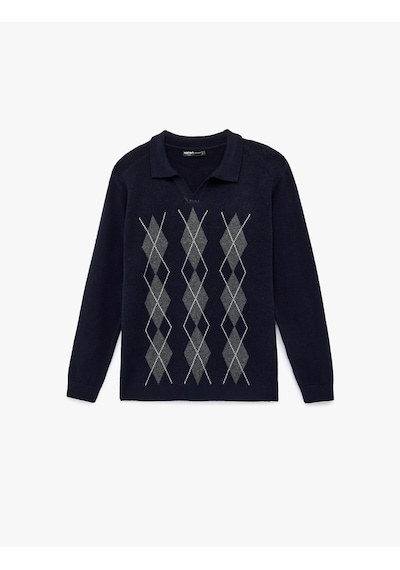 Koton Regular Fit Uzun Kollu Baklava Desenli V Yaka Polo Triko Kazak Lacivert Desenli 6wam70089ht Lacivert Desenli