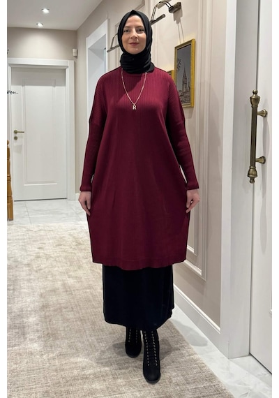 Rabia Şamlı Dora Triko Tunik Bordo Çok Renkli