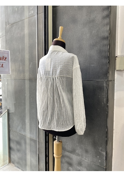 Pera Moda Çizgili Transparan Pileli V Yaka Gömlek Kahve
