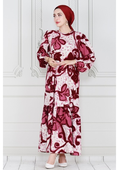 Sevitli Kuşaklı Lilyum Viscon Elbise-bordo-3999-bordo Bordo