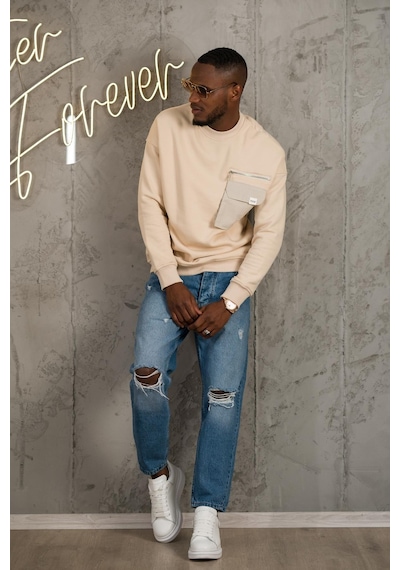 Oversize 3 İplik Bisiklet Yaka Torba Cepli İçi Polarlı Basic Sweatshirt 001