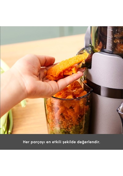 Karaca Yavaş Sıkım Katı Meyve Sıkacağı Gri Renkli 200w Motor Gücü İle Besin Değerlerini Korur