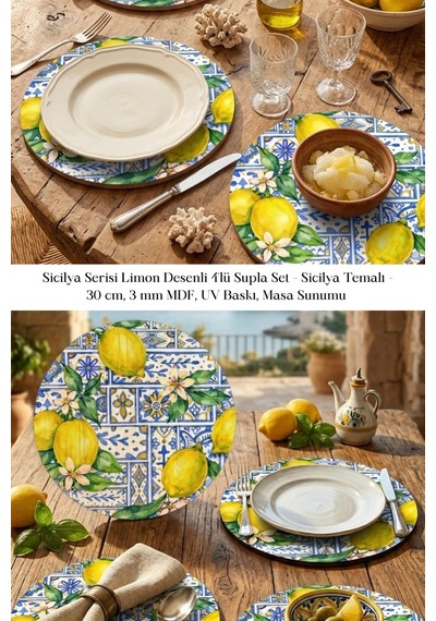 Sicilya Serisi Limon Desenli 4lü Supla Set 30 Cm Mdf Uv Baskı Çok Renkli