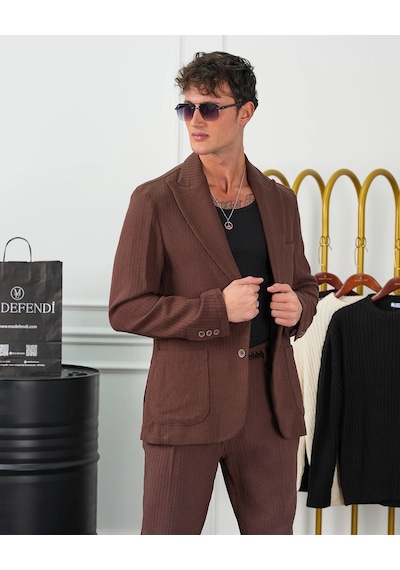 Modefendi %100 Pamuk Keten Modern Fit Örgü Kemer Detaylı Keten Takım Elbise Kahverengi Modefendi %100 Pamuk Keten Modern Fit Örgü Kemer Detaylı Keten Takım Elbise Kahverengi