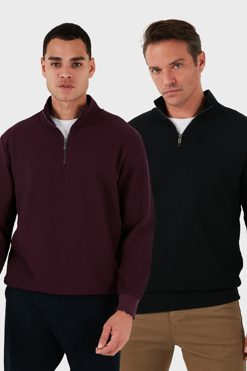 Buratti Pamuklu Regular Fit Yarım Fermuarlı Dik Yaka 2'Li Paket Erkek Sweat 5905716S2 Vişne-Siyah