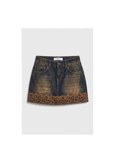 Kadın Koyu Kot 2w6-8 Straight Leopar Detaylı Tasarım Denim Etek