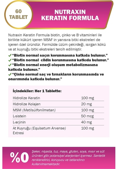 Keratin Formula Saç Bakım Vitamini - Kolajen,keratin,biotin,çinko,larginin,lsistein 60 Adet Tablet
